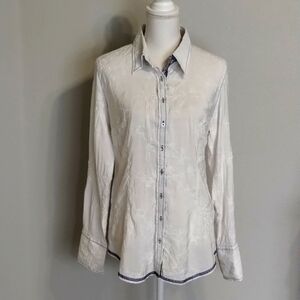 Georg Roth los Angeles Button Down Top white size large blue sequin embroidered